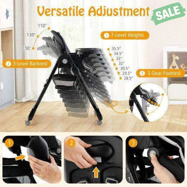 Multifunctional Folding Baby High Chair with Rolling Wheels and Adjustable Height-Pink White High Chairs