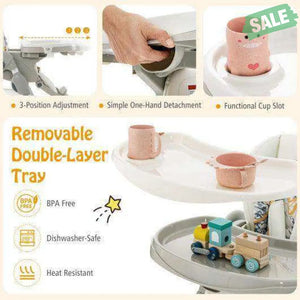 Multifunctional Folding Baby High Chair with Rolling Wheels and Adjustable Height-Pink White High Chairs