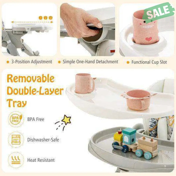 Multifunctional Folding Baby High Chair with Rolling Wheels and Adjustable Height-Pink White High Chairs