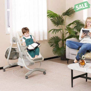 Multifunctional Folding Baby High Chair with Rolling Wheels and Adjustable Height-Pink White High Chairs