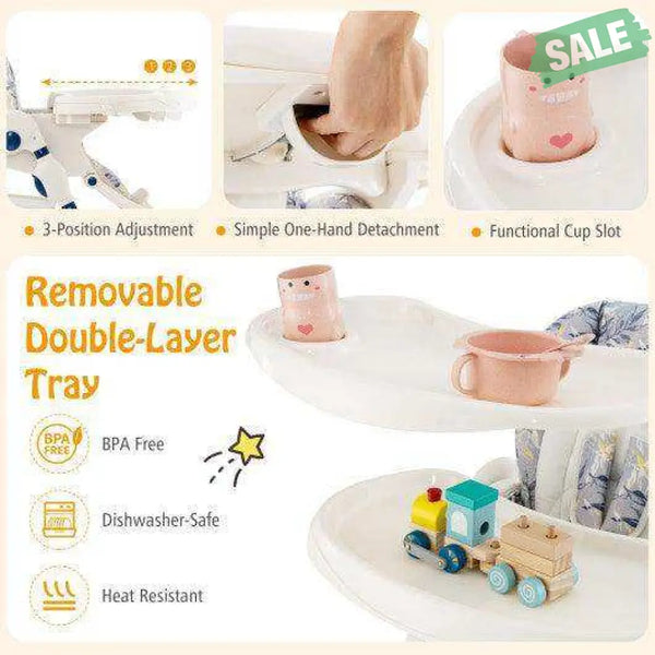 Multifunctional Folding Baby High Chair with Rolling Wheels and Adjustable Height-Pink White High Chairs