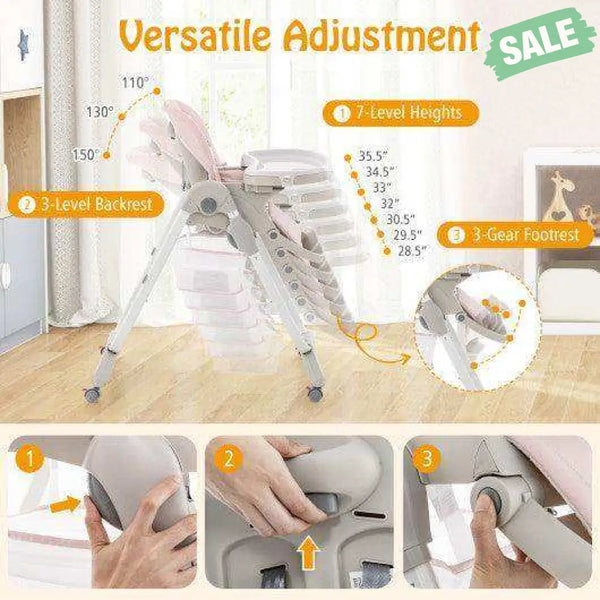 Multifunctional Folding Baby High Chair with Rolling Wheels and Adjustable Height-Pink White High Chairs