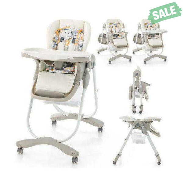 Multifunctional Folding Baby High Chair with Rolling Wheels and Adjustable Height-Pink White High Chairs