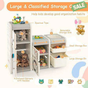 Multipurpose Toy Chest and Bookshelf with Magnetic Whiteboard-Gray Kids Storage