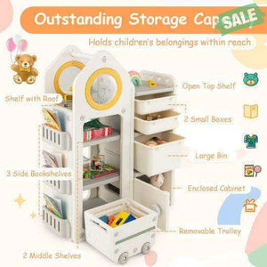 Multipurpose Toy Chest and Bookshelf with Mobile Trolley for Bedroom-Gray Kids Storage