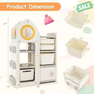 Multipurpose Toy Chest and Bookshelf with Mobile Trolley for Bedroom-Gray Kids Storage