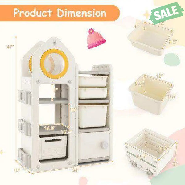 Multipurpose Toy Chest and Bookshelf with Mobile Trolley for Bedroom-Gray Kids Storage