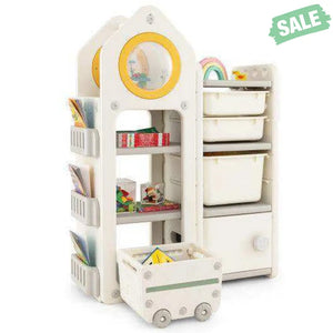 Multipurpose Toy Chest and Bookshelf with Mobile Trolley for Bedroom-Gray Kids Storage