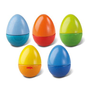 Colorful Fun with Sounds Wooden Eggs for babies, promoting musical play and sensory exploration.