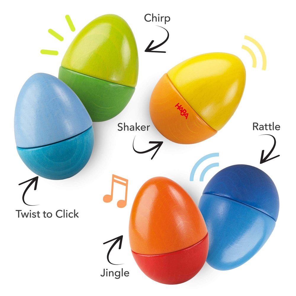 Colorful Fun with Sounds Wooden Eggs for babies, promoting musical play and sensory exploration.