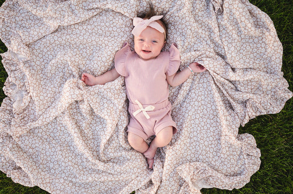 Organic Muslin Swaddle Blanket - Mocha Ditsy Floral Ruffle