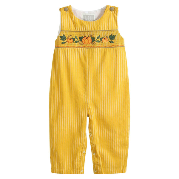 Mustard Pinstripe Smocked Pumpkin Overalls