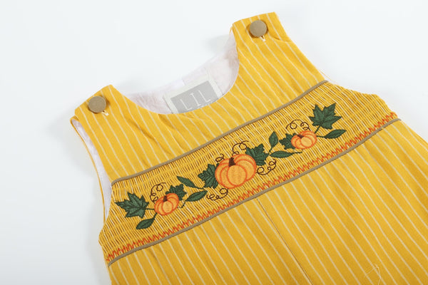 Mustard Pinstripe Smocked Pumpkin Overalls