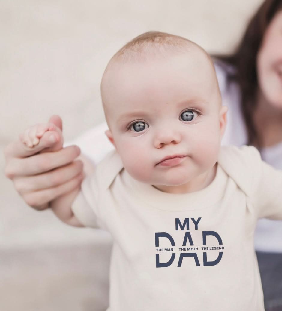 Graphic bodysuit for babies featuring "My Dad" text, perfect for stylish and playful outfits.