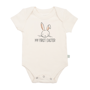 "Graphic bodysuit for babies: 'My First Easter' short sleeve onesie, perfect for celebrating the holiday."