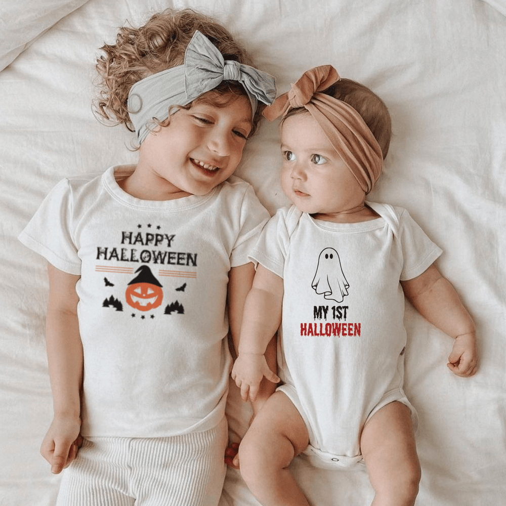 Baby graphic bodysuit for Halloween featuring a cute ghost design, perfect for "My First Halloween" celebrations.