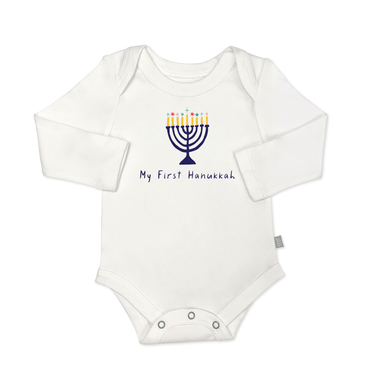 Long sleeve graphic bodysuit for babies featuring "My First Hanukkah" design. Perfect for celebrating the holiday!