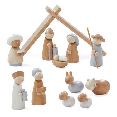 Natural wood nativity set for babies, featuring safe architectural blocks for imaginative play and early learning.