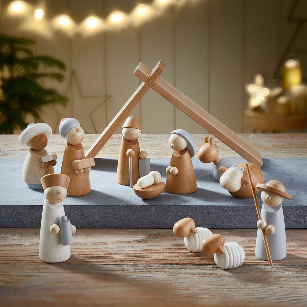 Natural wood nativity set for babies, featuring safe architectural blocks for imaginative play and early learning.