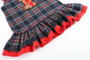 Navy and Red Plaid Reindeer Ruffle Dress