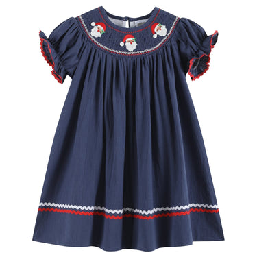 Navy blue Santa smocked bishop dress for babies, perfect for holiday celebrations and festive occasions.