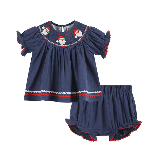 Navy Blue Santa Smocked Dress and Bloomers Set