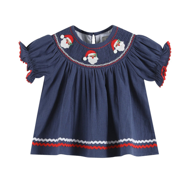 Navy Blue Santa Smocked Dress and Bloomers Set