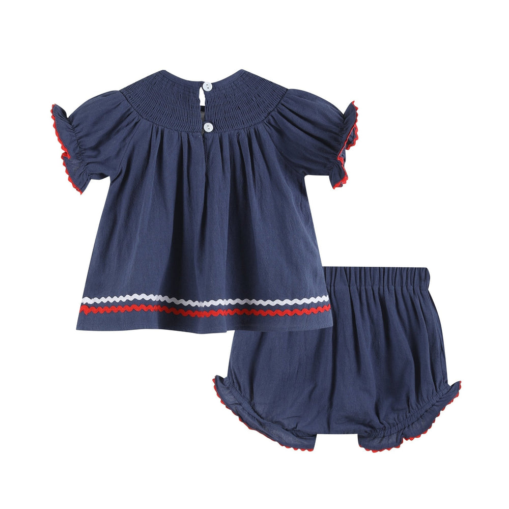 Navy Blue Santa Smocked Dress and Bloomers Set