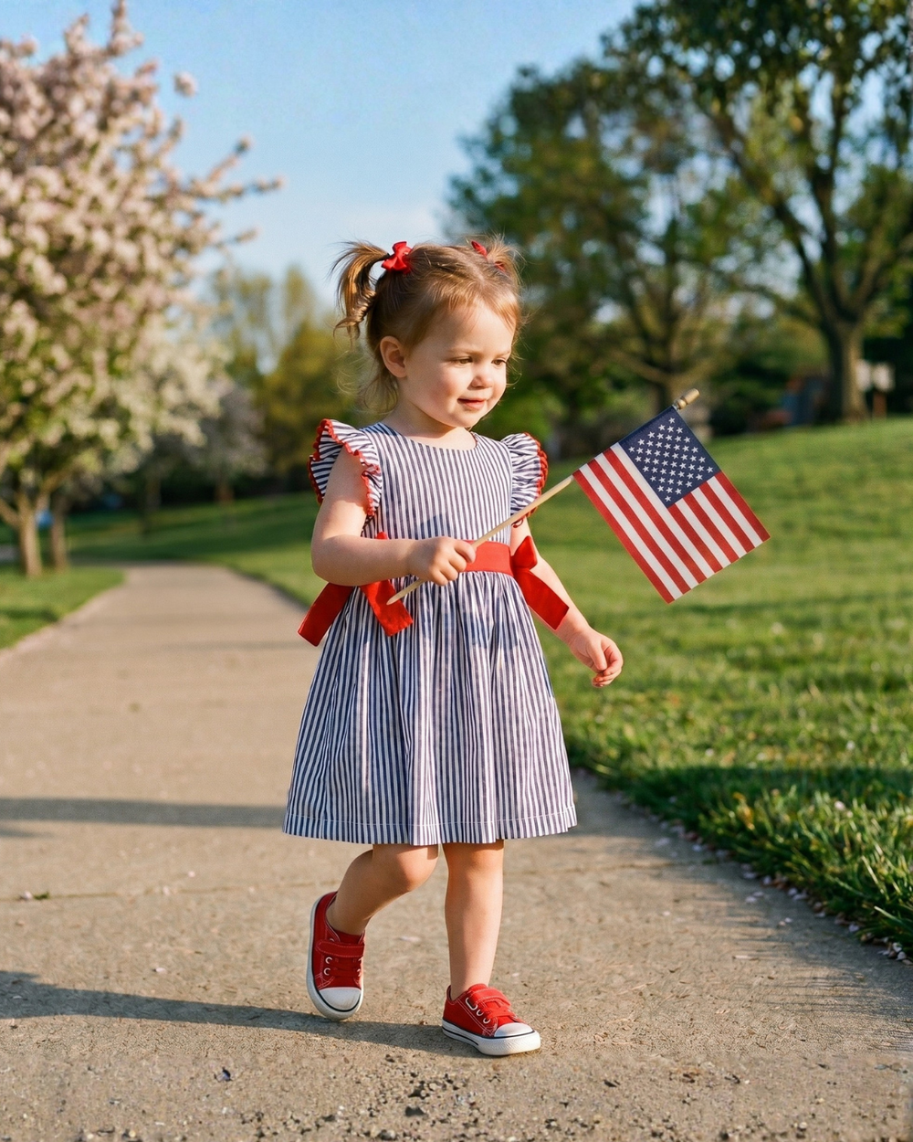 Navy blue striped dress with red ruffle bow for babies, perfect for stylish occasions.