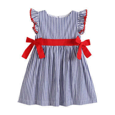 Navy blue striped dress with red ruffle bow for babies, perfect for stylish occasions.