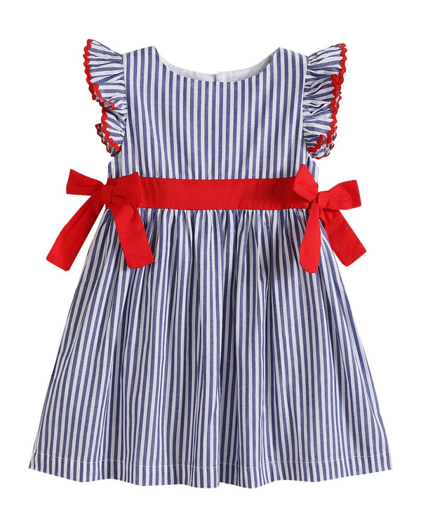 Navy Blue Stripe and Red Ruffle Bow Dress