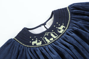 Navy Blue Velvet Gold Nativity Smocked Bishop Dress