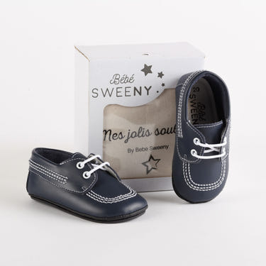 Boys navy blue leather pre-walker shoes for infants, stylish and comfortable footwear for early steps.