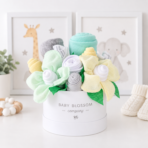 Baby Blossom Company Neutral Hatbox Bouquet Petite baby gift box