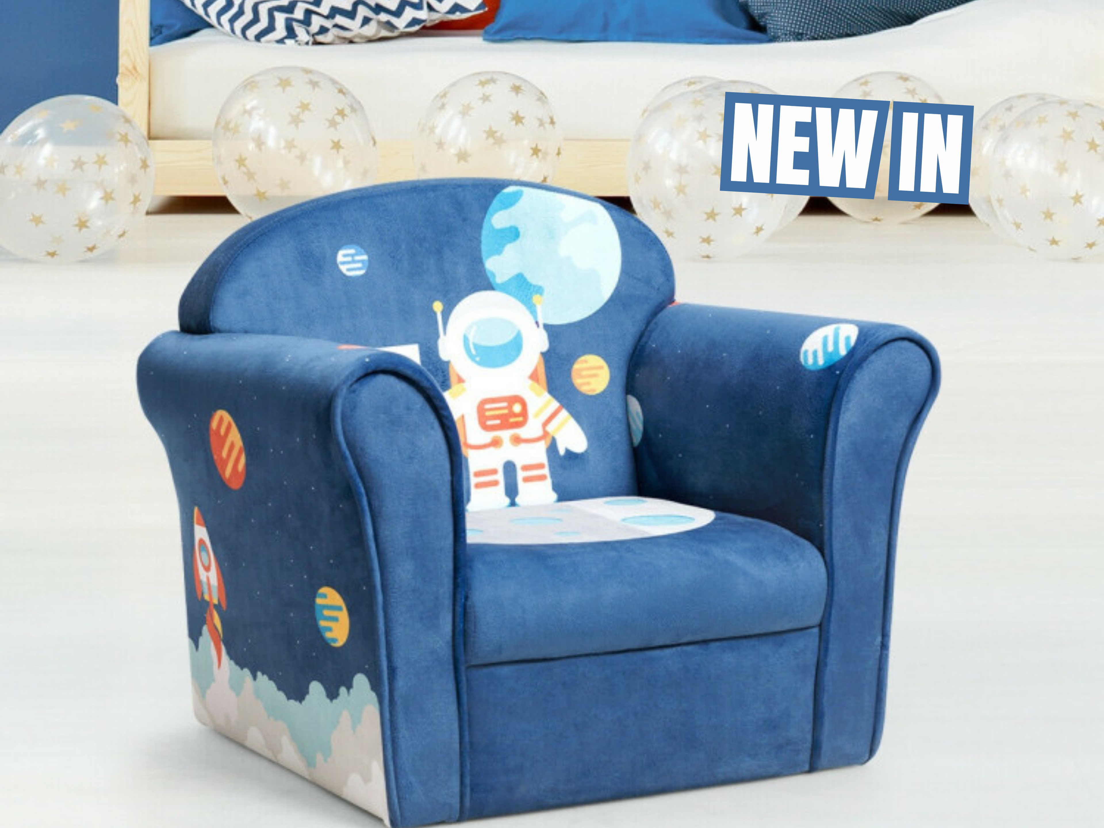 Children's chair with astronaut design on a white background