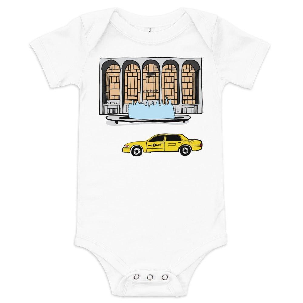 "New York City Lincoln Center baby onesie, short sleeve bodysuit for infants, stylish NYC-themed clothing."