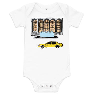 "New York City Lincoln Center baby onesie, short sleeve bodysuit for infants, stylish NYC-themed clothing."