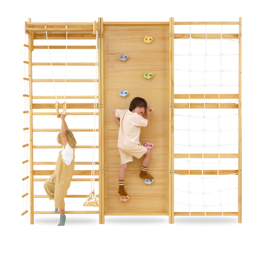 Walnut Modular Swedish Ladder Jungle Gym - 95" Wall Mounted Playset for active baby play and development.