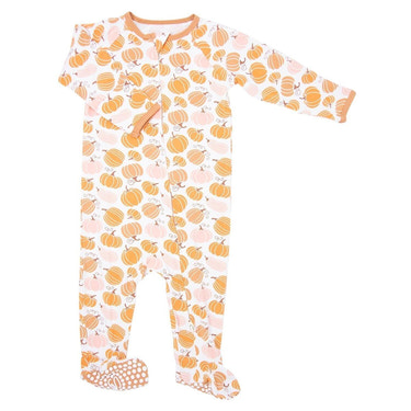 Zipper footie onesie in pumpkin color for babies, featuring a cozy design and easy zip closure.