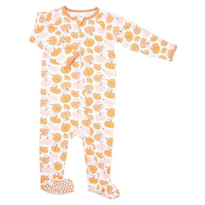 Zipper footie onesie in pumpkin color for babies, featuring a cozy design and easy zip closure.
