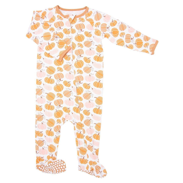 Zipper footie onesie in pumpkin color for babies, featuring a cozy design and easy zip closure.