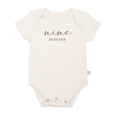Nine months milestone taupe graphic bodysuit short sleeve onesie for babies.