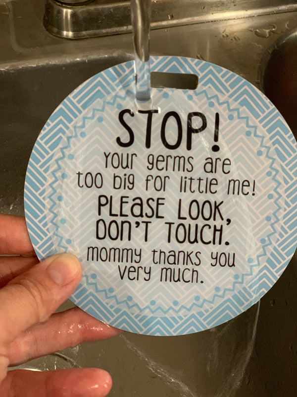 Blue Stop No Touching Newborn Baby Car Seat Tag