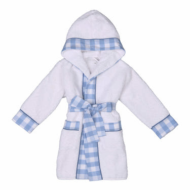 Boys white and blue gingham cotton bathrobe by NOA, perfect for cozy bath time comfort.