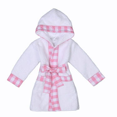 Girls white and pink gingham cotton bathrobe by NOA, perfect for cozy bath time comfort.