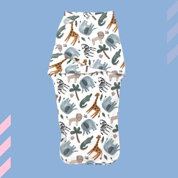 Snugababe Swaddle™ Sleep Pod featuring adorable safari animals for comfortable baby sleep. Angle 2 view.