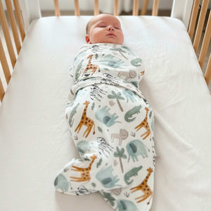 Snugababe Swaddle™ Sleep Pod featuring adorable safari animals for cozy baby sleep.