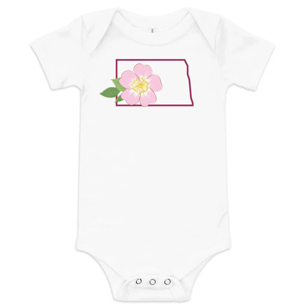 North Dakota baby onesie, short sleeve bodysuit for infants, featuring a cute design and soft fabric.