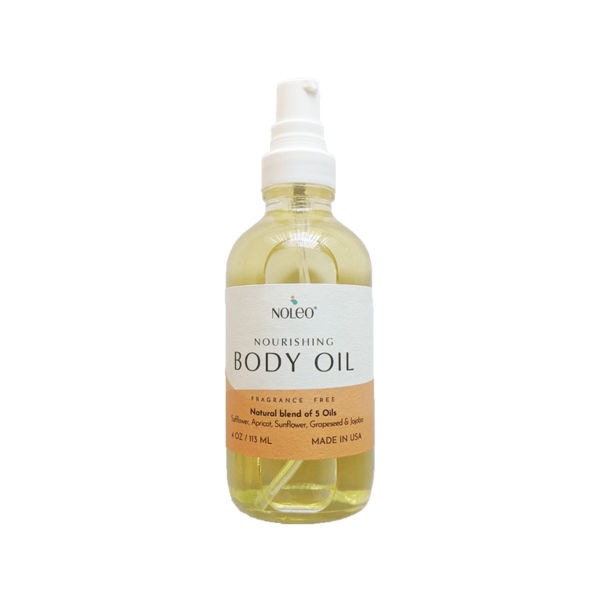 Noleo Nourishing Body Oil: Natural oil to soothe skin and help bring back elasticity. 4oz glass bottle.