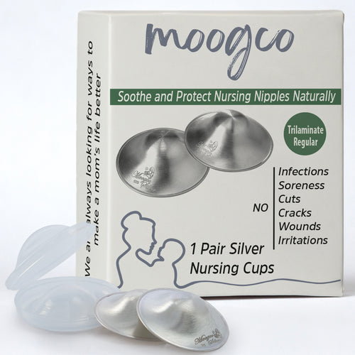 MOOGCO Silver Nursing Cups 925k Silver for soothing sore breasts and preventing nipple irritation, angle view.